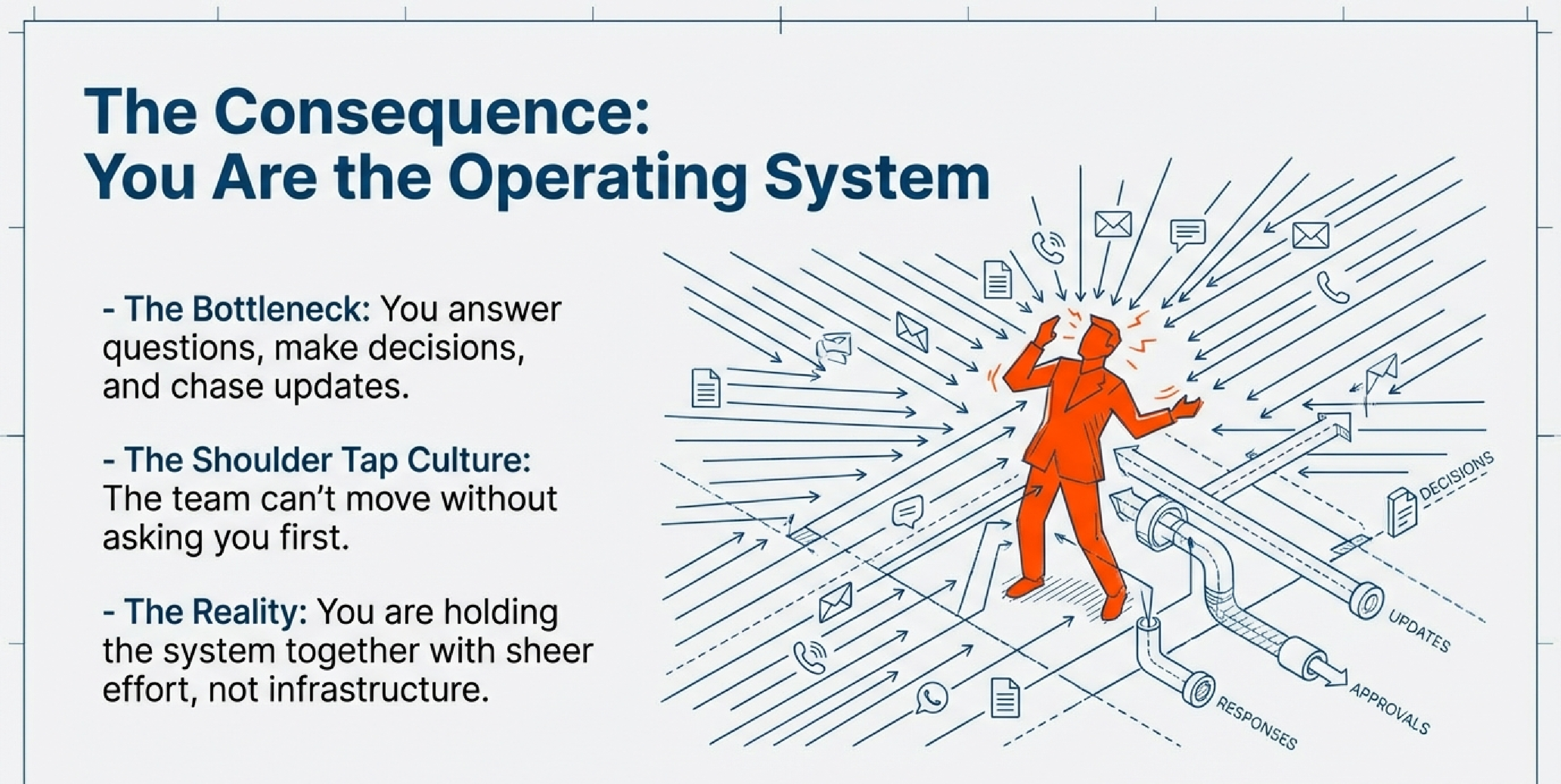 A diagram showing every decision, approval, and update routing through leadership at the top, creating a single bottleneck the whole business depends on.